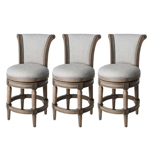 Maven Lane Pullman Counter Stool in Reclaimed Oak Finish with Ash Grey Fabric Upholstery, Set of 3