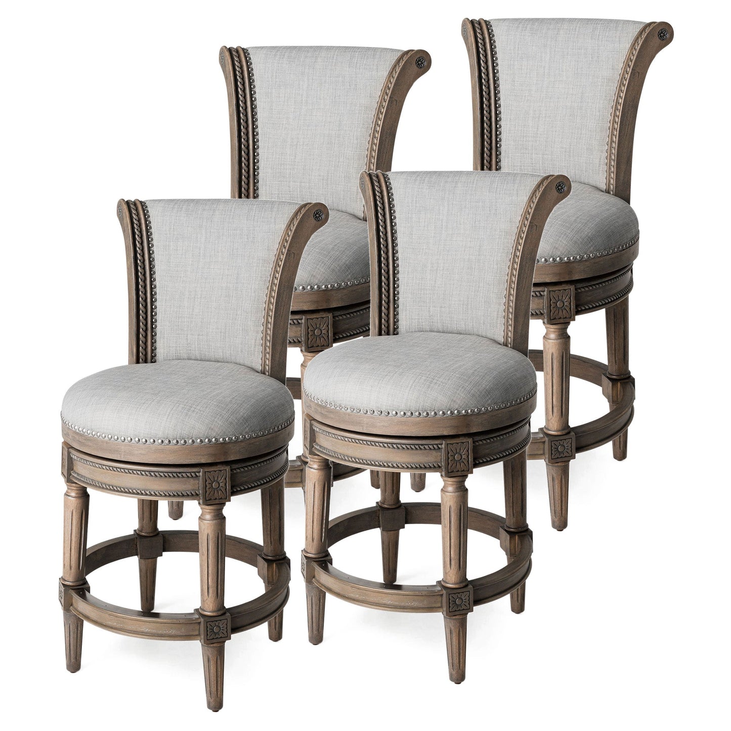 Maven Lane Pullman Counter Stool in Reclaimed Oak Finish with Ash Grey Fabric Upholstery, Set of 4
