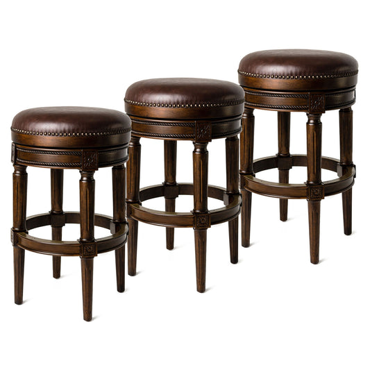 Maven Lane Pullman Backless Bar Stool in Dark Walnut Finish with Vintage Brown Vegan Leather, Set of 3