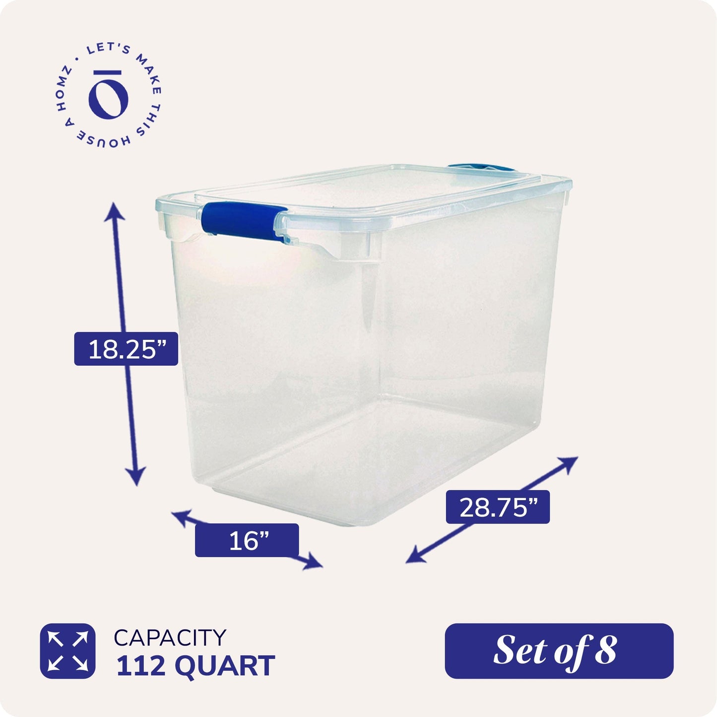 Homz 112 Quart Heavy Duty Clear Plastic Stackable Storage Containers, 8 Pack