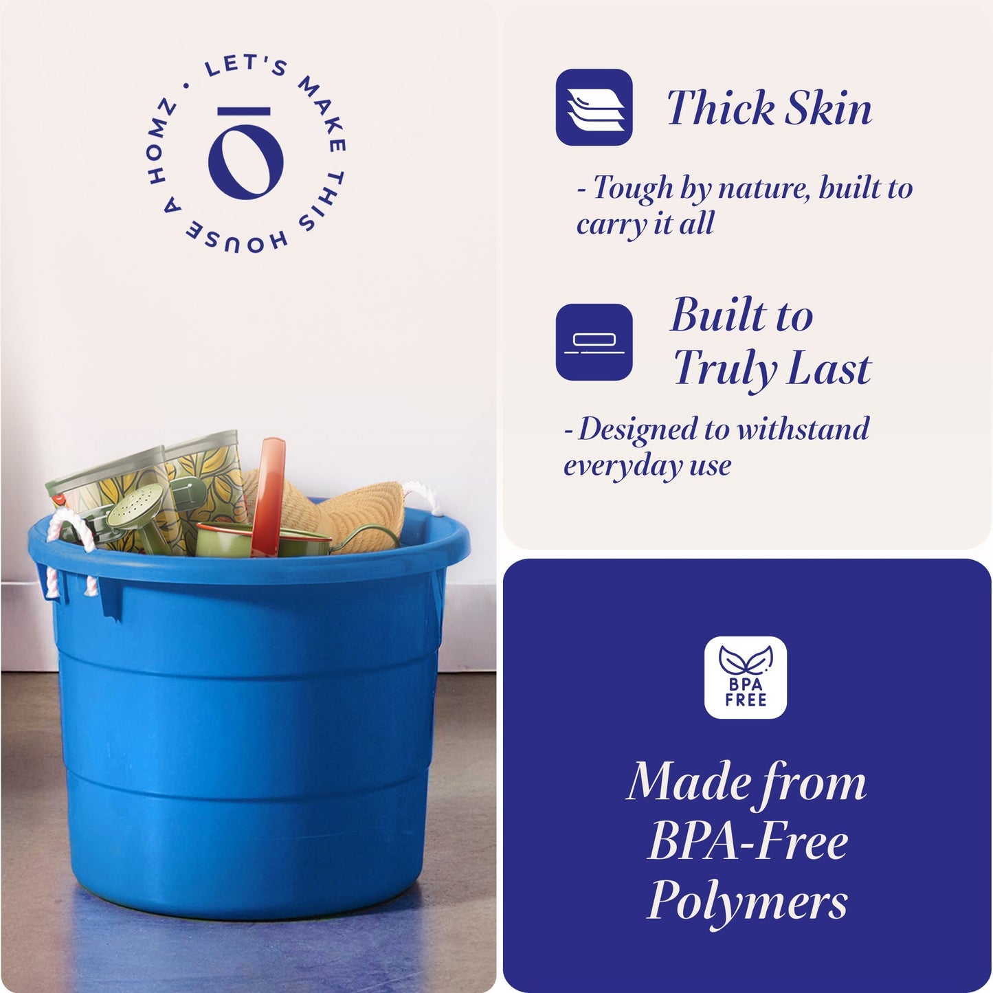 Homz 18 Gal Plastic Open Storage Round Utility Tub with Handles, Blue (4 Pack)