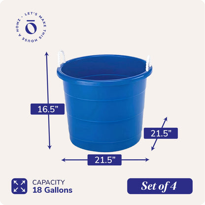 Homz 18 Gal Plastic Open Storage Round Utility Tub with Handles, Blue (4 Pack)