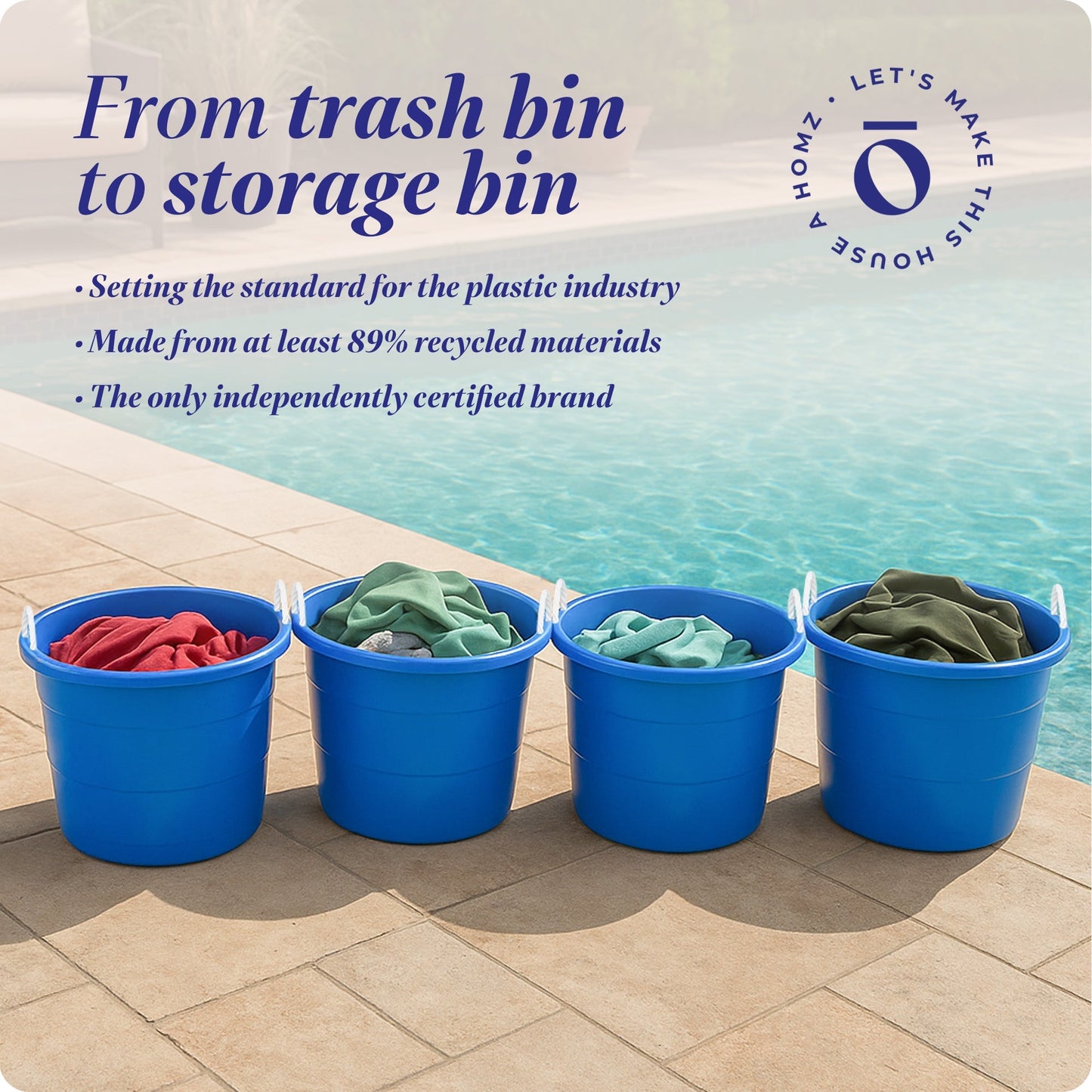 Homz 18 Gal Plastic Open Storage Round Utility Tub with Handles, Blue (4 Pack)