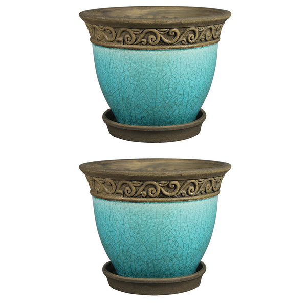 Southern Patio Cadiz 8" Crackled Ceramic Planter Pot w/Saucer, Teal (2 Pack)