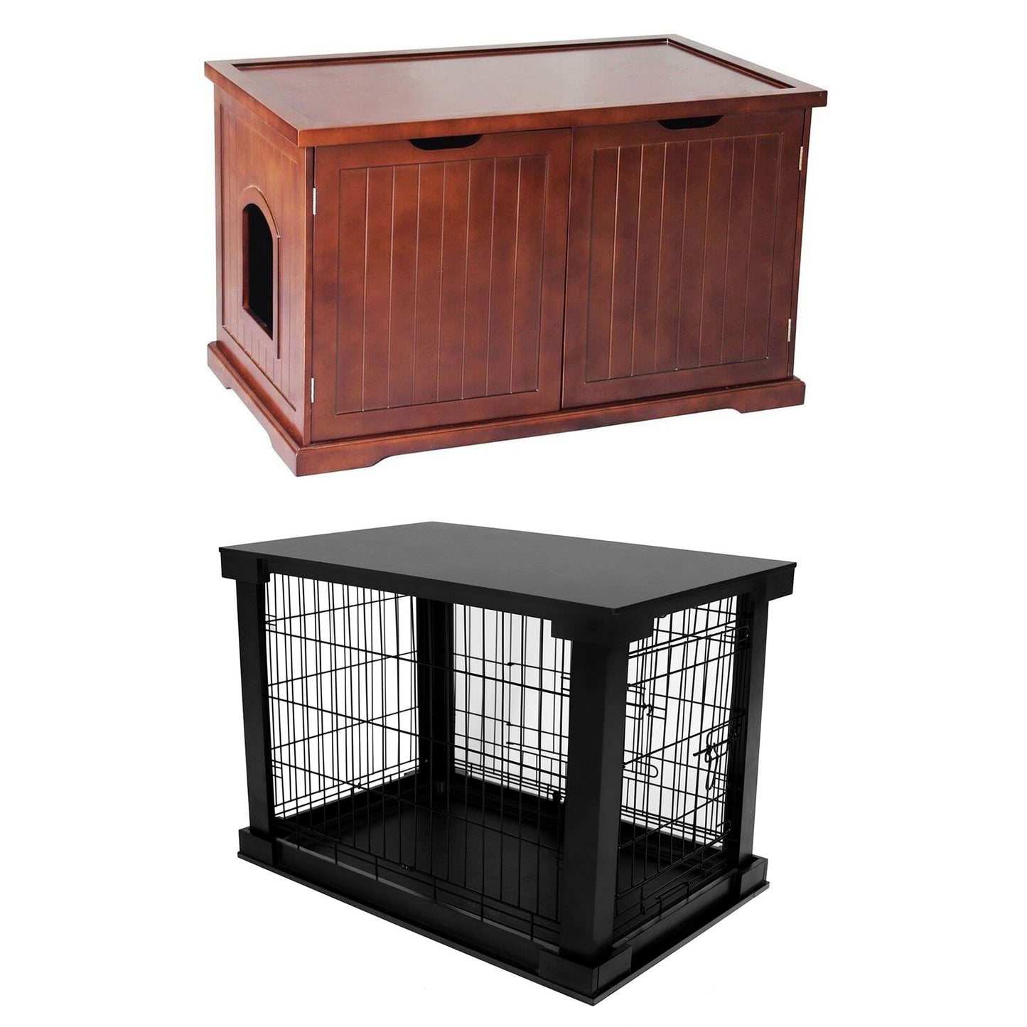 Merry Products Pet Cat Washroom Bench with Removable Partition Wall, Walnut + Merry Products Decorative Pet Cage w/ Protection Box End Table, Black