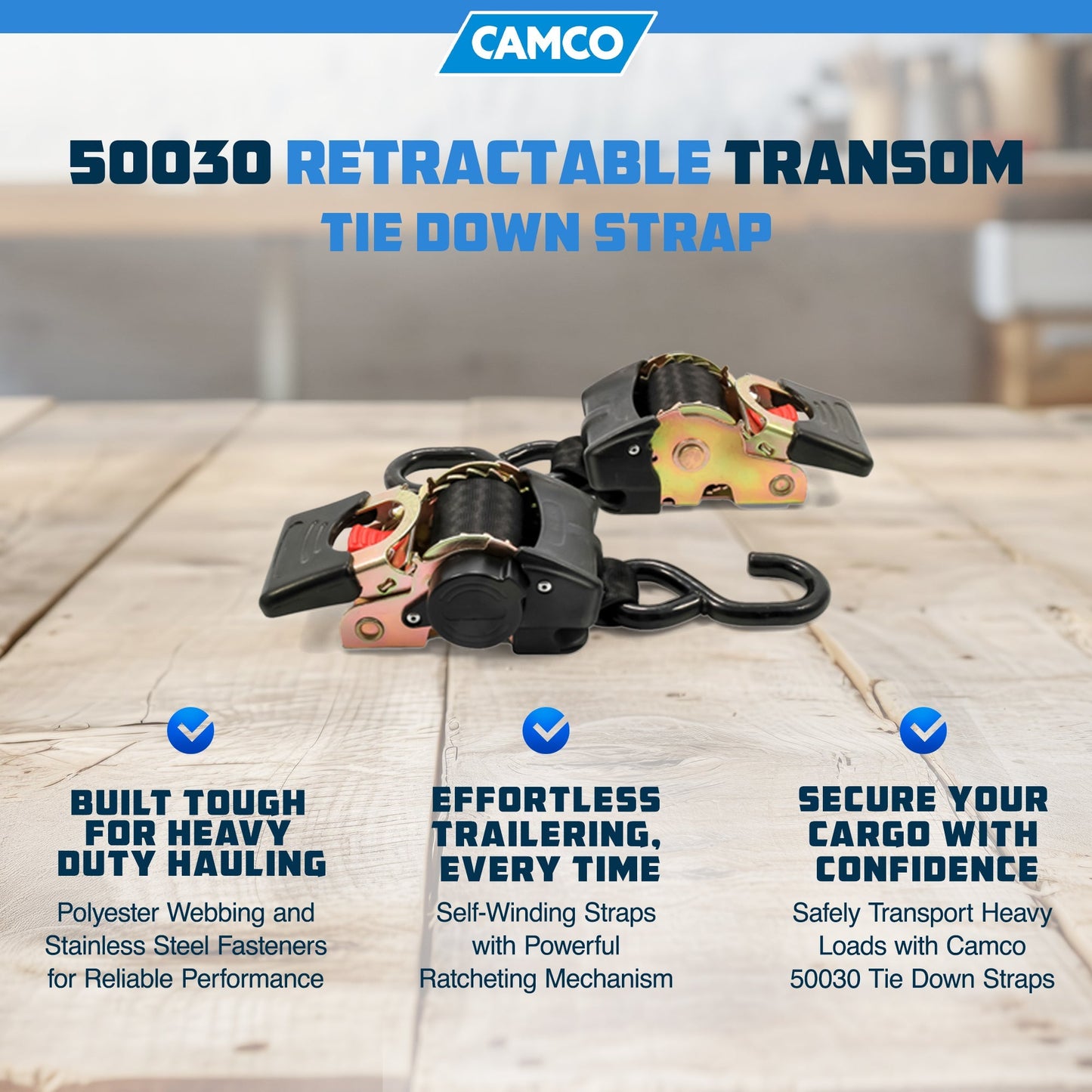 Camco 50030 Retractable Transom Tie Down Bolt On Straps, 2" x 5.5' (2 Straps) - Find Fresh Goods