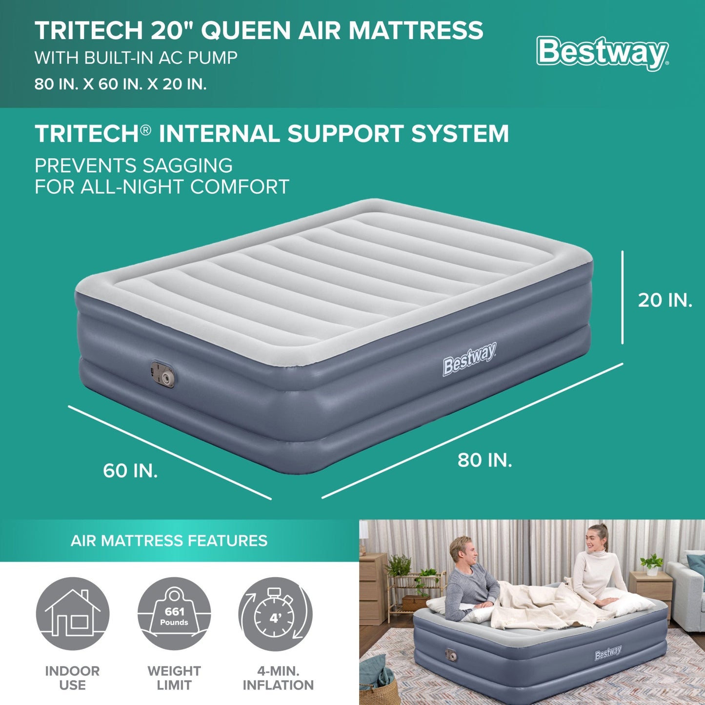 Bestway Tritech, Sized 20" Mattress with Built-In AC Pump and Bag