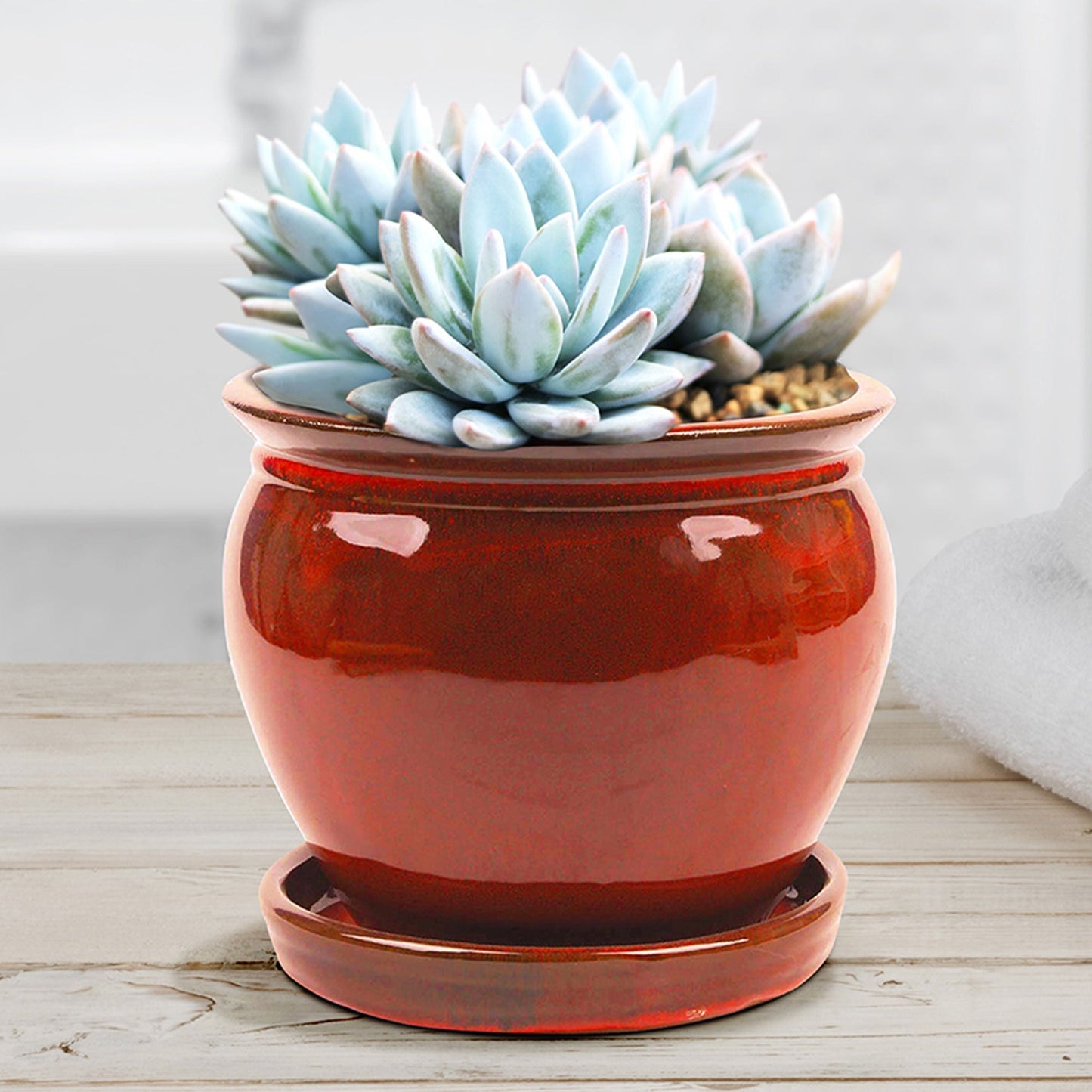 Southern Patio Wisteria 8" Round Ceramic Planter Pot with Saucer, Red (2 Pack)