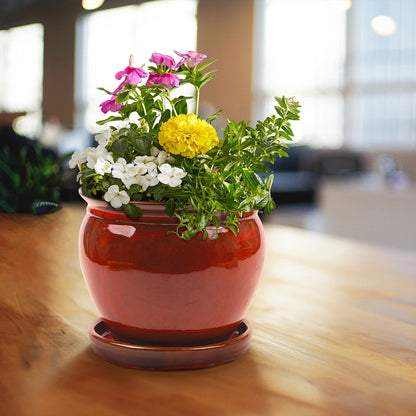 Southern Patio Wisteria 8" Round Ceramic Planter Pot with Saucer, Red (4 Pack)