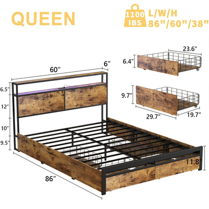 HAUSOURCE Queen Platform Bed Frame w/ Headboard, Drawers & Outlets, Rustic Brown