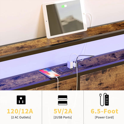 HAUSOURCE Queen Platform Bed Frame w/ Headboard, Drawers & Outlets, Rustic Brown