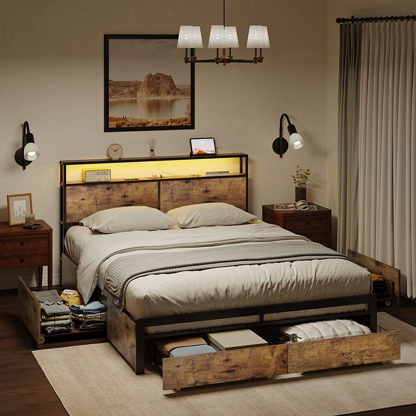 HAUSOURCE Queen Platform Bed Frame w/ Headboard, Drawers & Outlets, Rustic Brown