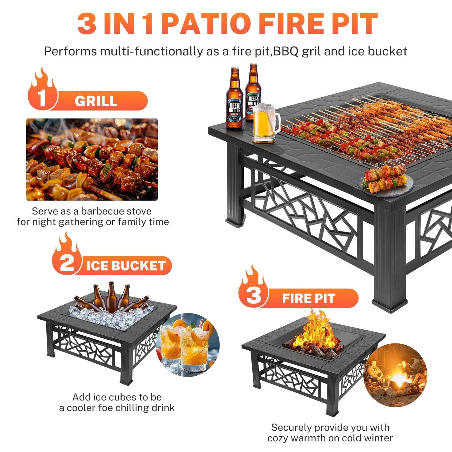 32" Fire Pits for Outside, SYNGAR Wood Burning Bonfire Fire Pit Table with Mesh Lid, Grate, BBQ Grill and Poker, Outdoor Metal Square Fire Pit for BBQ, Camping, Picnics, Backyard