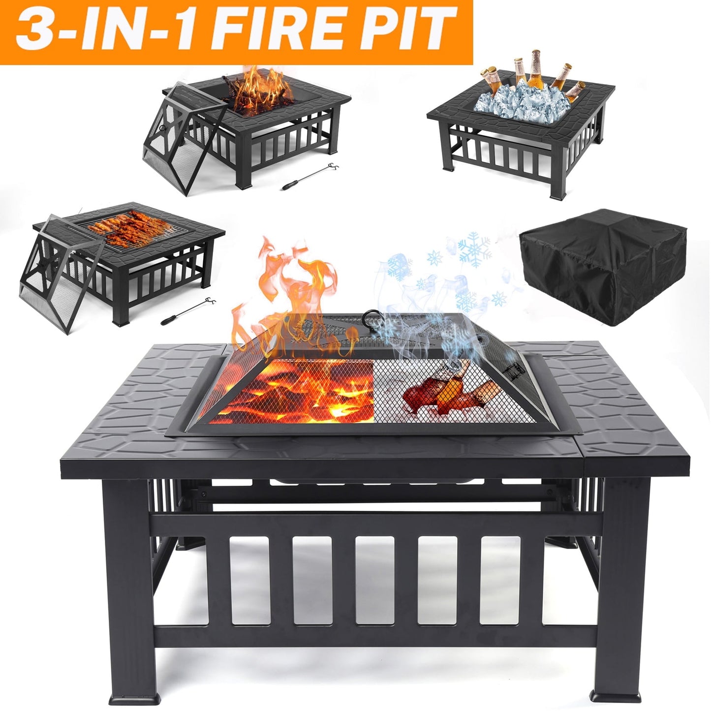 32'' Multipurpose Fire Pit, Outdoor Fire Pit Table for Net Lid/Poker, Square Bronze Firepit Stove for Outside Camping Backyard Bonfire