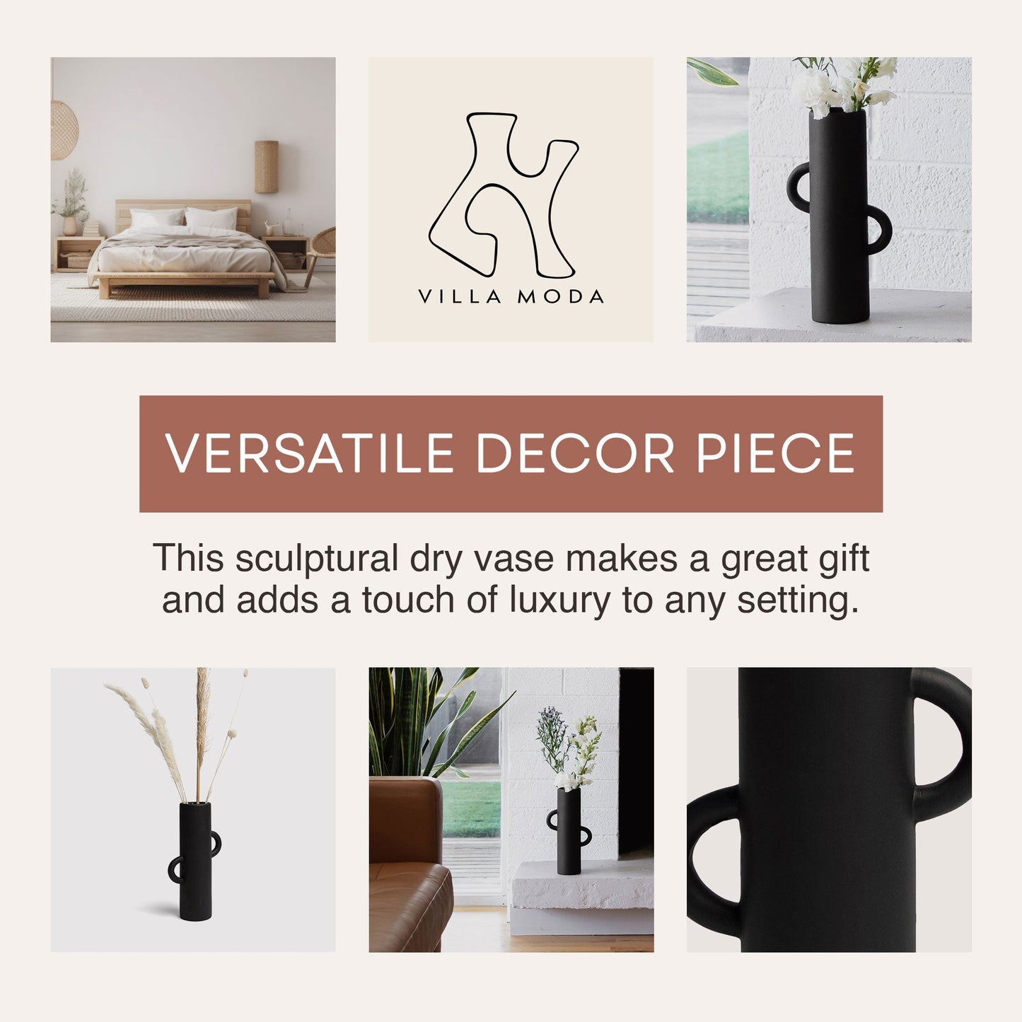 Villa Moda Ari Tube-Shaped Abstract Decorative Modern Vase, Black