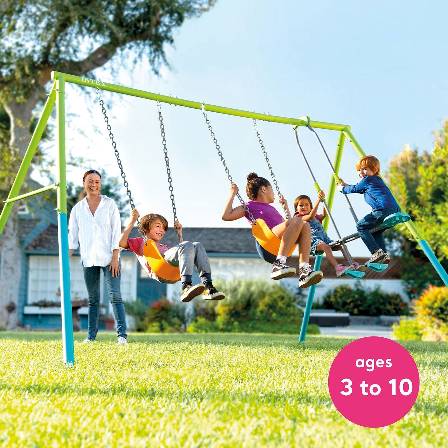 Intex Three Feature Colored Playground Swing Set with Trapeze Bar, Multicolor