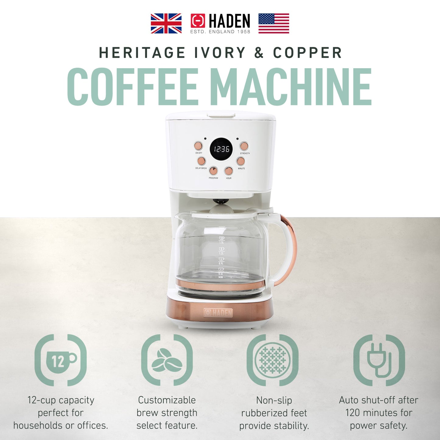 Haden Coffee Machine, 12 Cup Programmable Drip Coffee Maker, Ivory & Copper