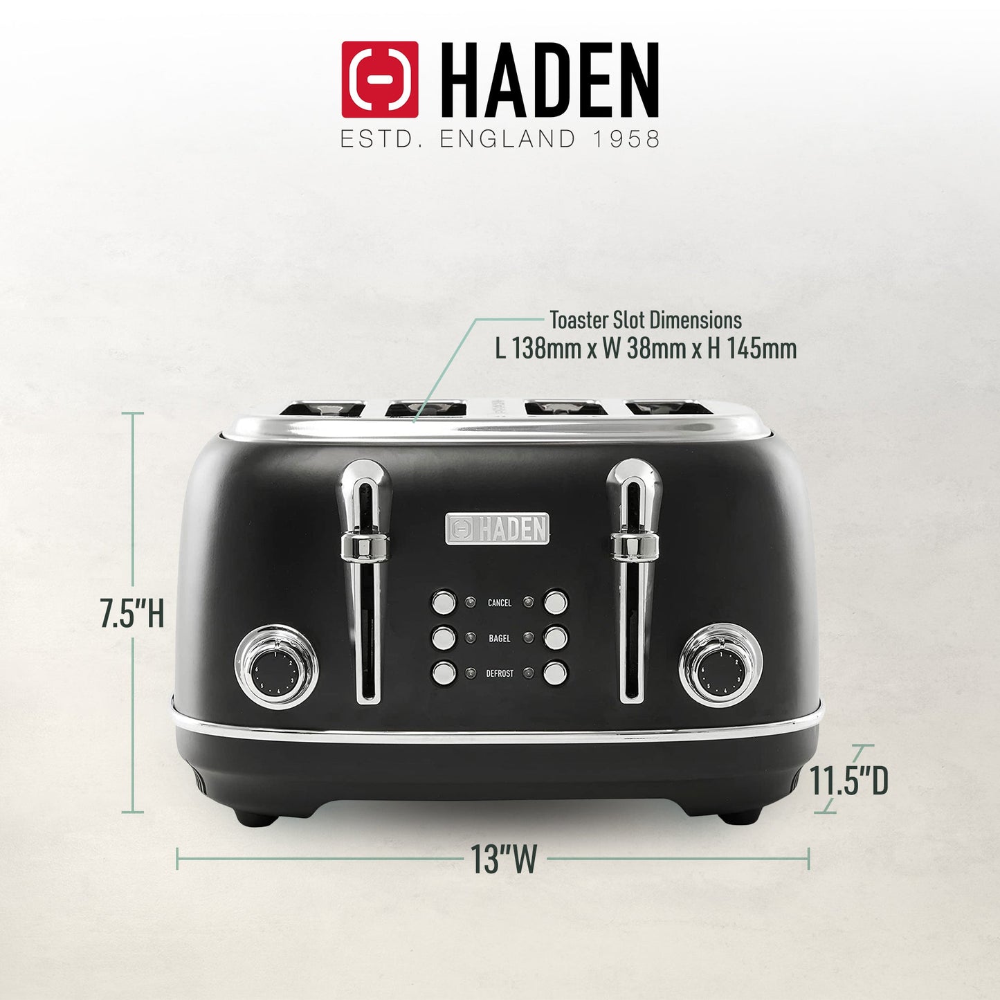 Haden Heritage 4 Slice Wide Slot Stainless Steel Toaster, Black & Chrome