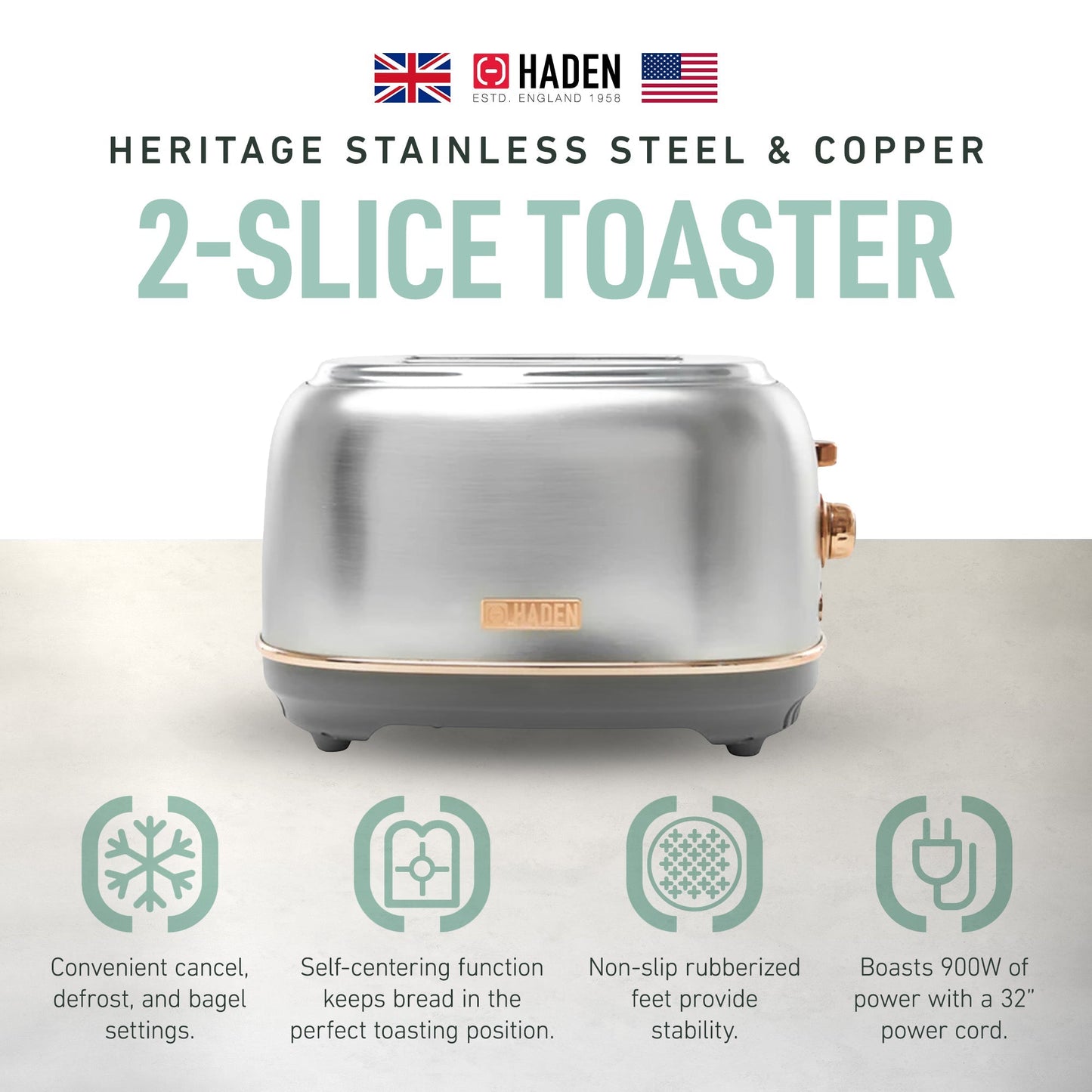 Haden Heritage 2 Slice Wide Slot Stainless Steel Toaster, Steel & Copper