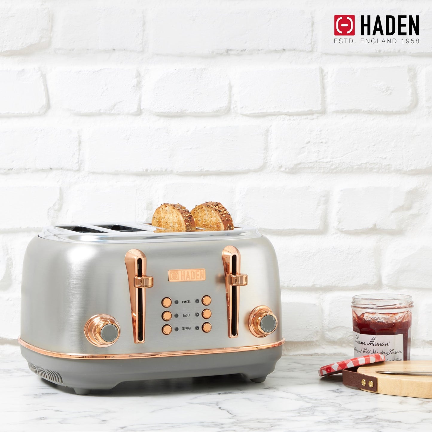 Haden Heritage 4 Slice Wide Slot Stainless Steel Toaster, Steel & Copper
