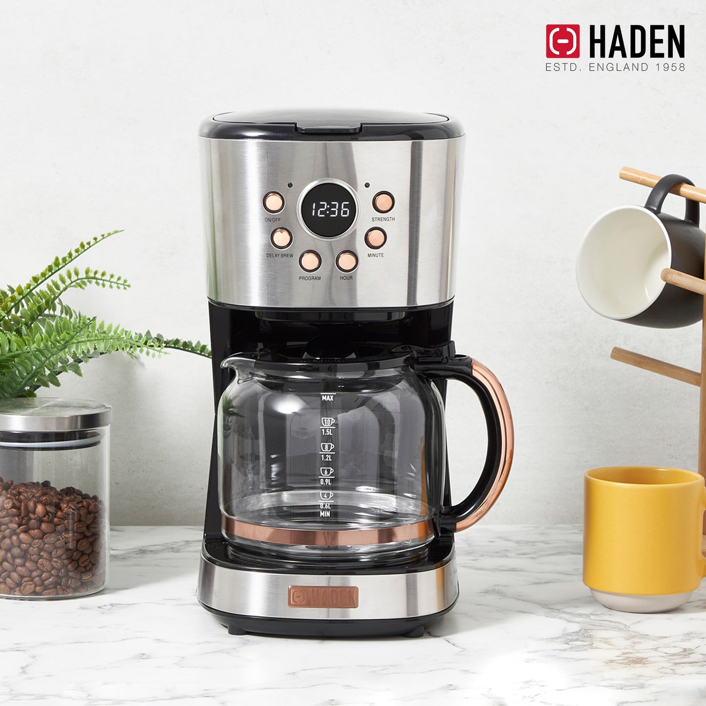 Haden Coffee Machine, 12 Cup Programmable Drip Coffee Maker, Steel & Copper