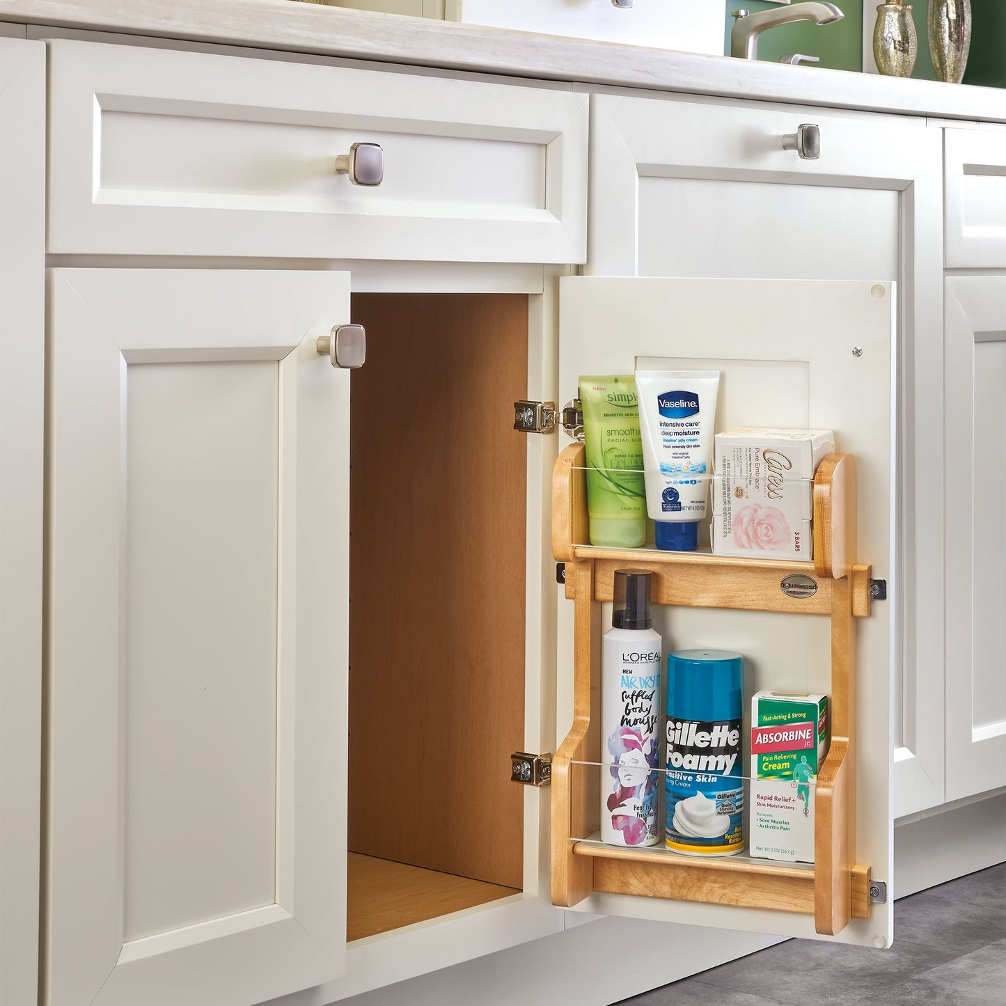 Rev-A-Shelf 21" In Door Mount Vanity 2-Tier Storage Rack Natural Maple, 4VR-21-1