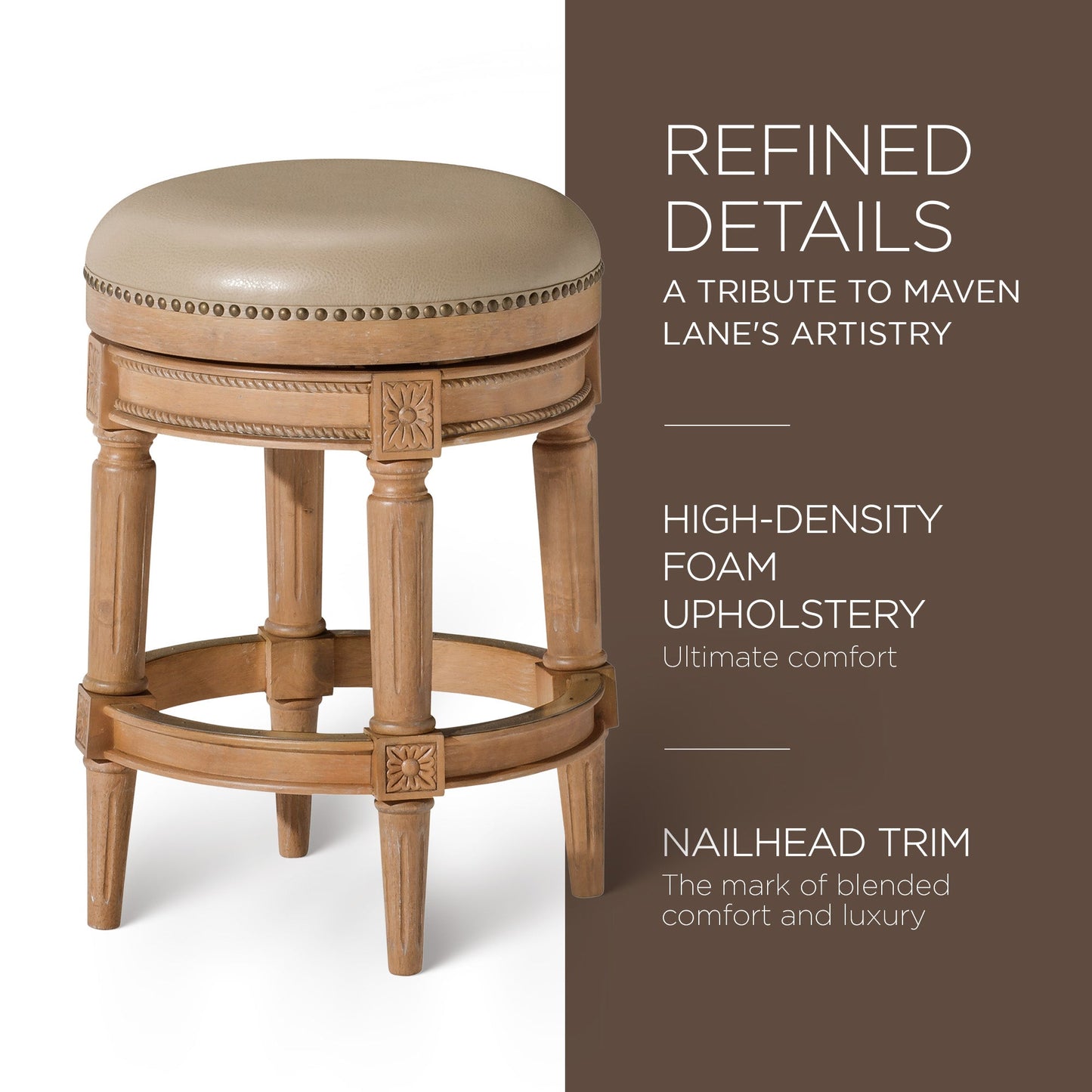 Maven Lane Pullman Backless Counter Stool in Weathered Oak Finish w/ Avanti Bone Vegan Leather