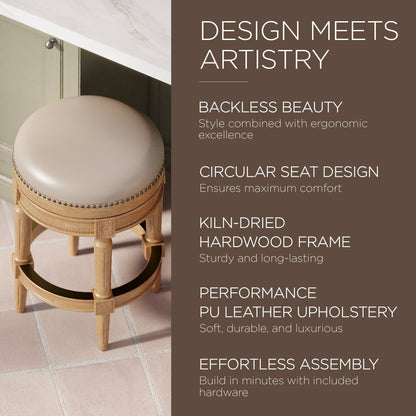 Maven Lane Pullman Backless Counter Stool in Weathered Oak Finish w/ Avanti Bone Vegan Leather