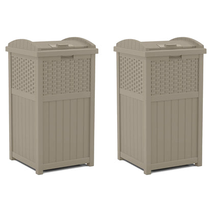 Suncast Wicker Plastic Hideaway Trash Can with Latching Lid, Dark Taupe (2 Pack)