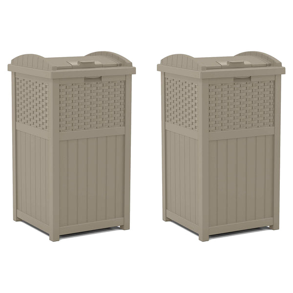Suncast Wicker Plastic Hideaway Trash Can with Latching Lid, Dark Taupe (2 Pack)