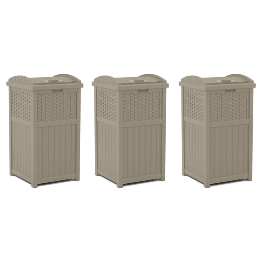 Suncast Wicker Plastic Hideaway Trash Can with Latching Lid, Dark Taupe (3 Pack)