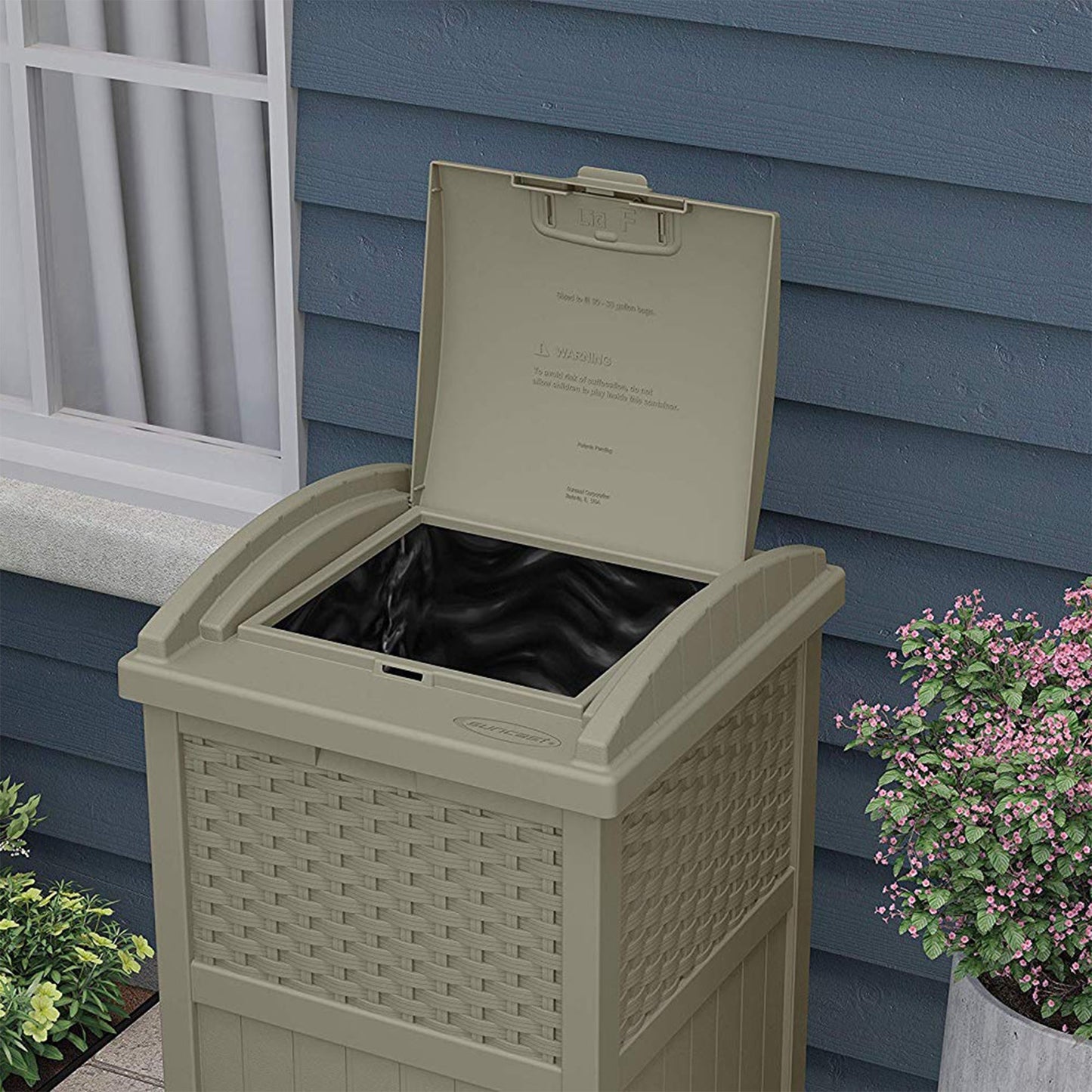 Suncast Wicker Plastic Hideaway Trash Can with Latching Lid, Dark Taupe (3 Pack)