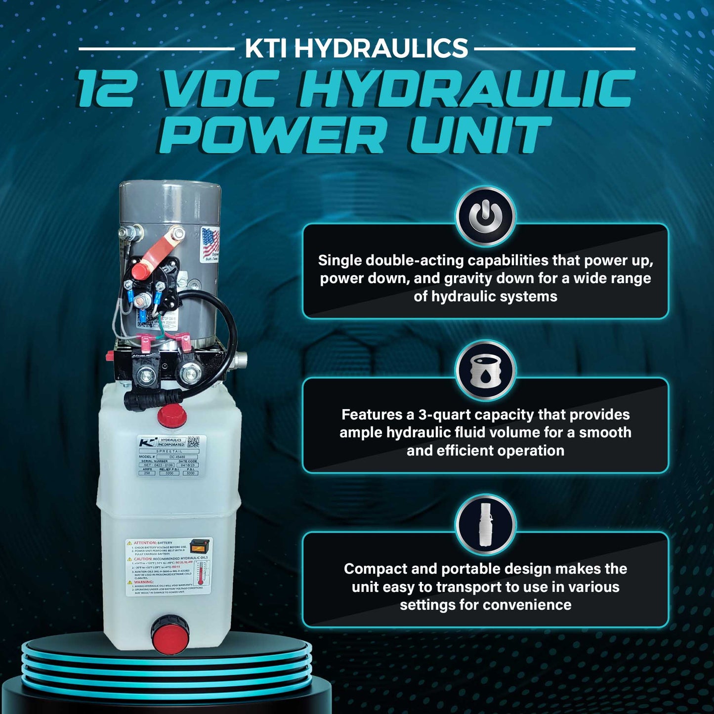 KTI Hydraulics12 VDC HPU Single Double Acting Power Up/Down/Gravity Down, 6 Qt - Find Fresh Goods