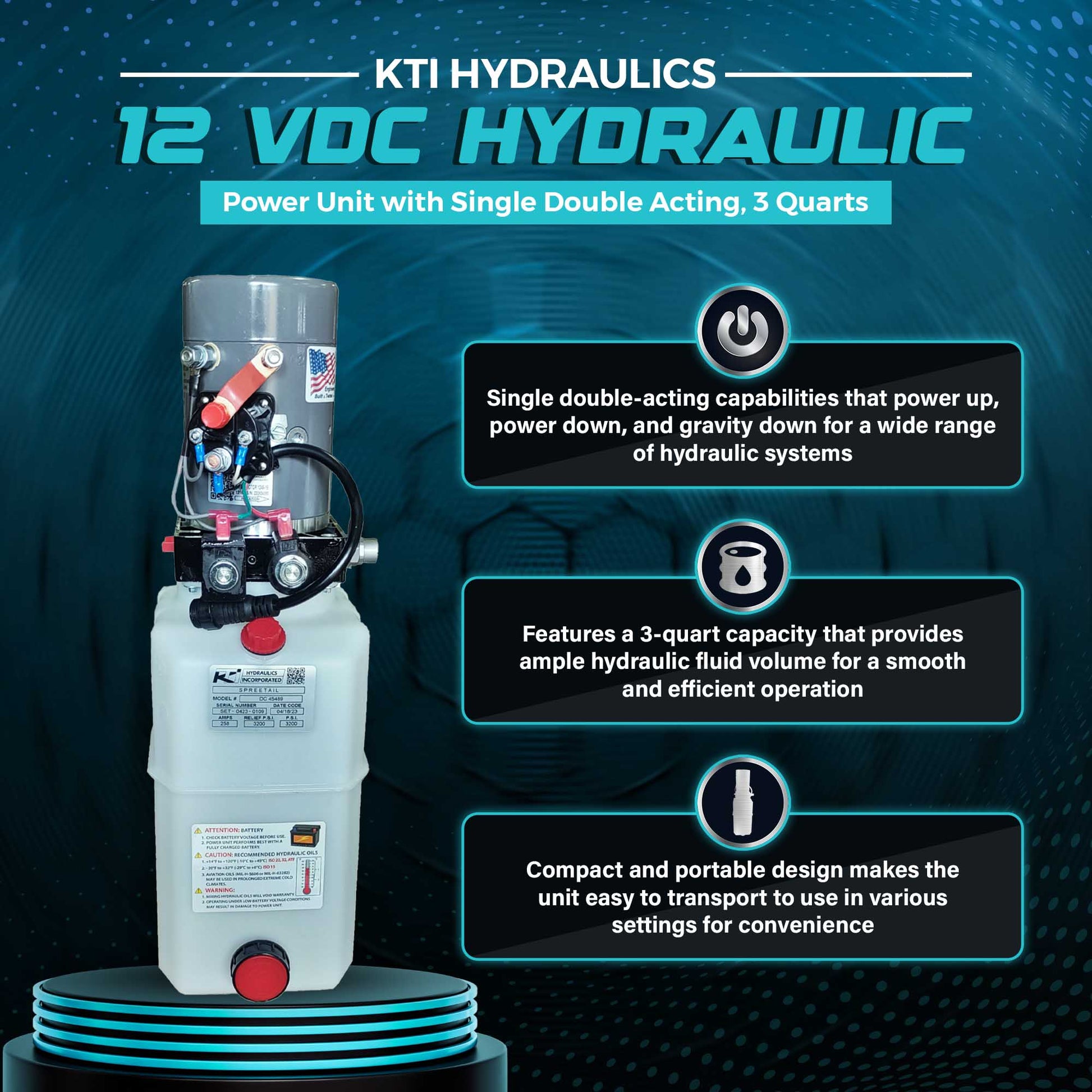KTI Hydraulics 12 VDC Hydraulic Power Unit with Single Double Acting, 3 Quarts - Find Fresh Goods