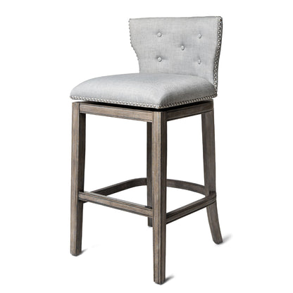 Maven Lane Hugo Bar Stool in Reclaimed Oak Finish w/ Ash Grey Fabric Upholstery