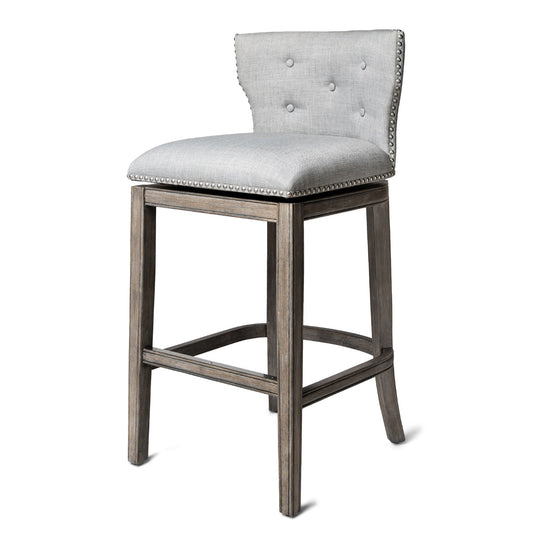 Maven Lane Hugo Bar Stool in Reclaimed Oak Finish w/ Ash Grey Fabric Upholstery