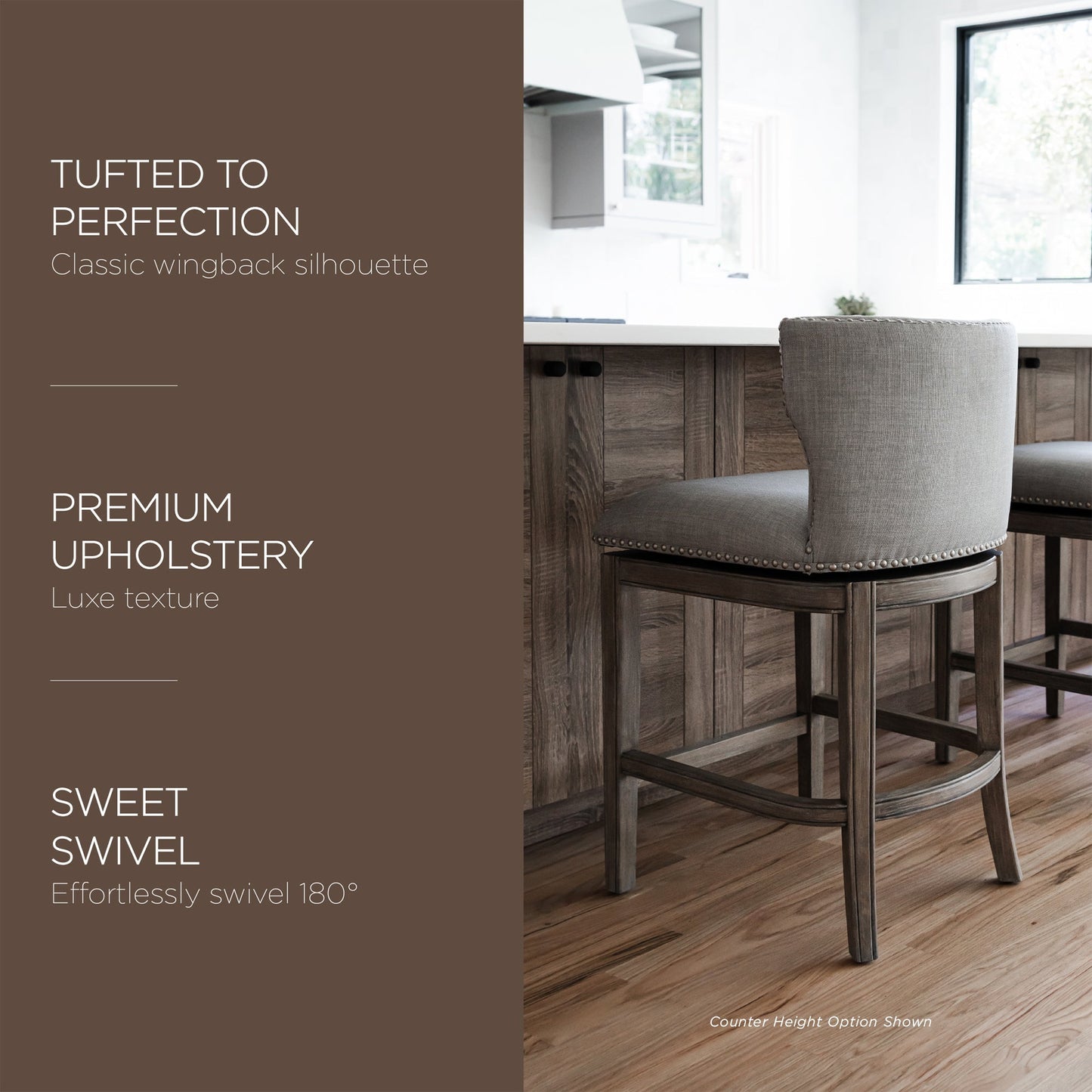 Maven Lane Hugo Bar Stool in Reclaimed Oak Finish w/ Ash Grey Fabric Upholstery