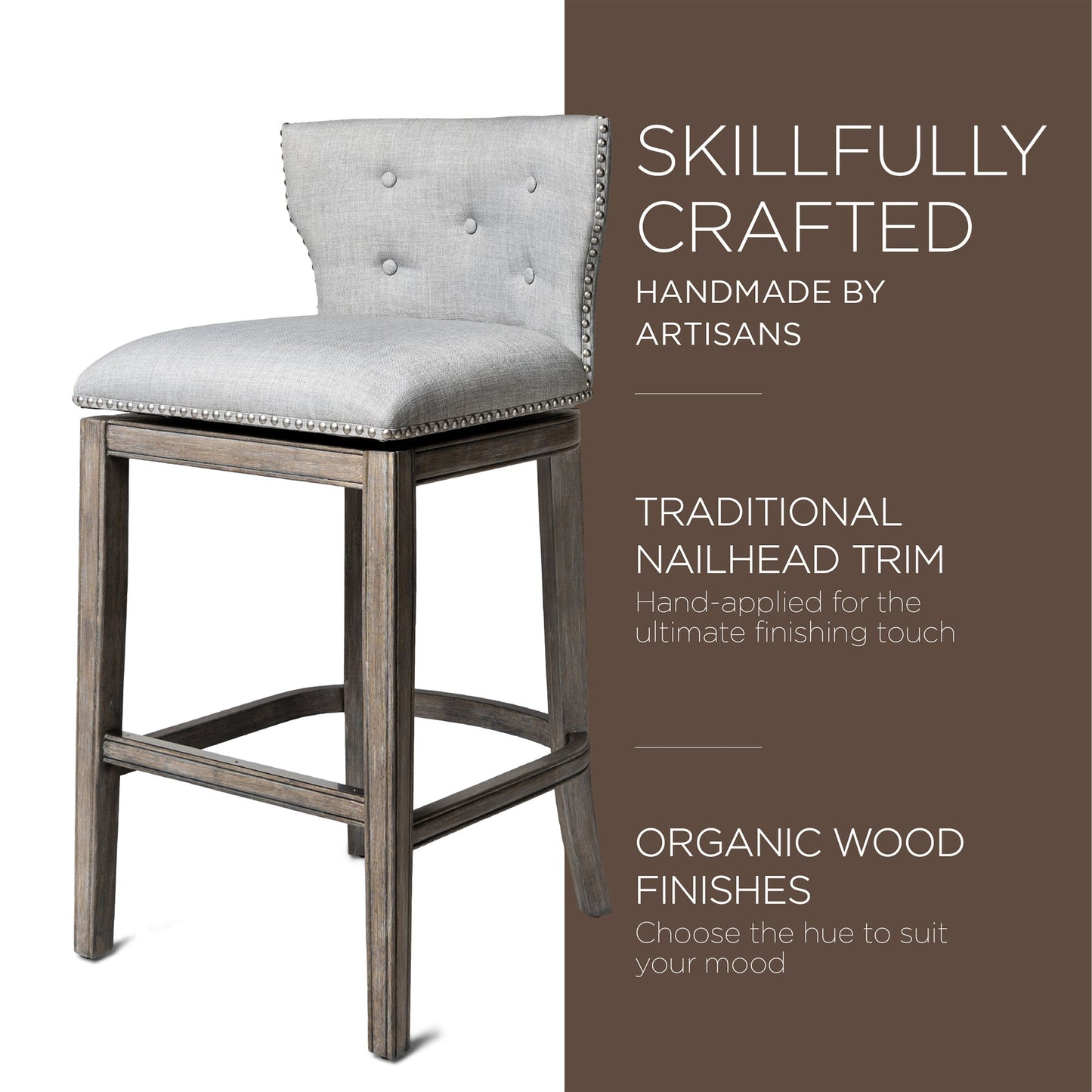 Maven Lane Hugo Bar Stool in Reclaimed Oak Finish w/ Ash Grey Fabric Upholstery