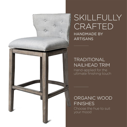 Maven Lane Hugo Bar Stool in Reclaimed Oak Finish w/ Ash Grey Fabric Upholstery