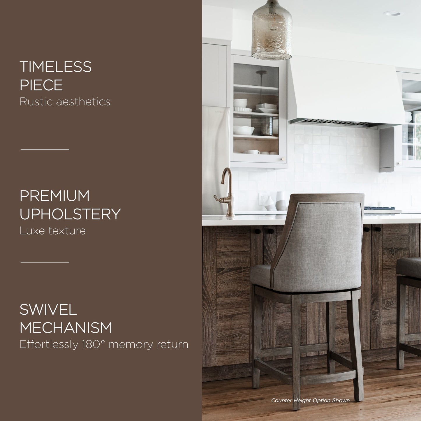 Maven Lane Vienna Bar Stool, Reclaimed Oak Finish w/ Ash Grey Fabric Upholstery