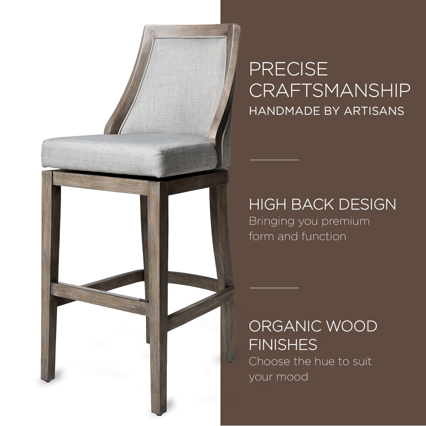 Maven Lane Vienna Bar Stool, Reclaimed Oak Finish w/ Ash Grey Fabric Upholstery