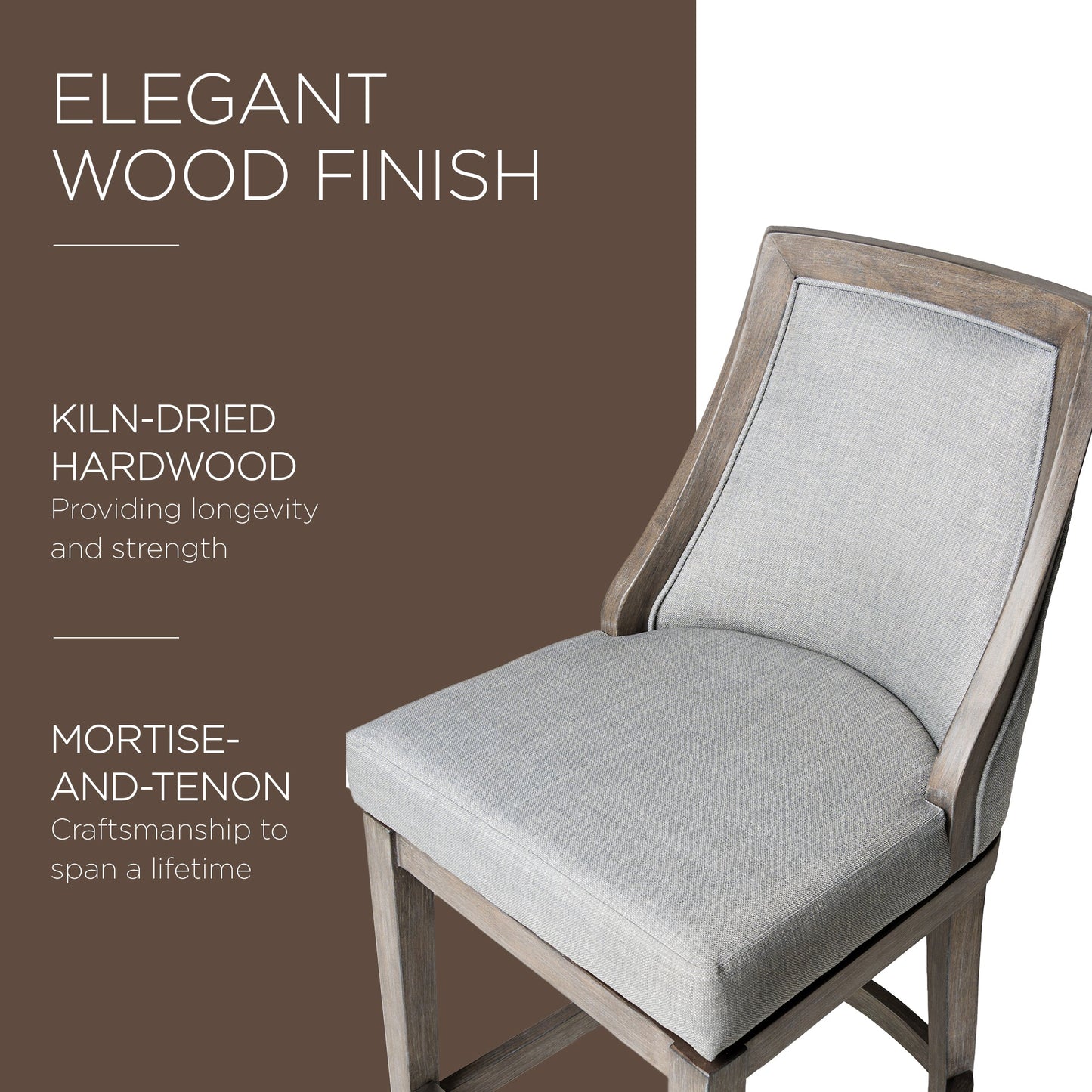 Maven Lane Vienna Bar Stool, Reclaimed Oak Finish w/ Ash Grey Fabric Upholstery