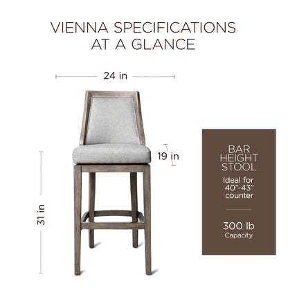 Maven Lane Vienna Bar Stool, Reclaimed Oak Finish w/ Ash Grey Fabric Upholstery