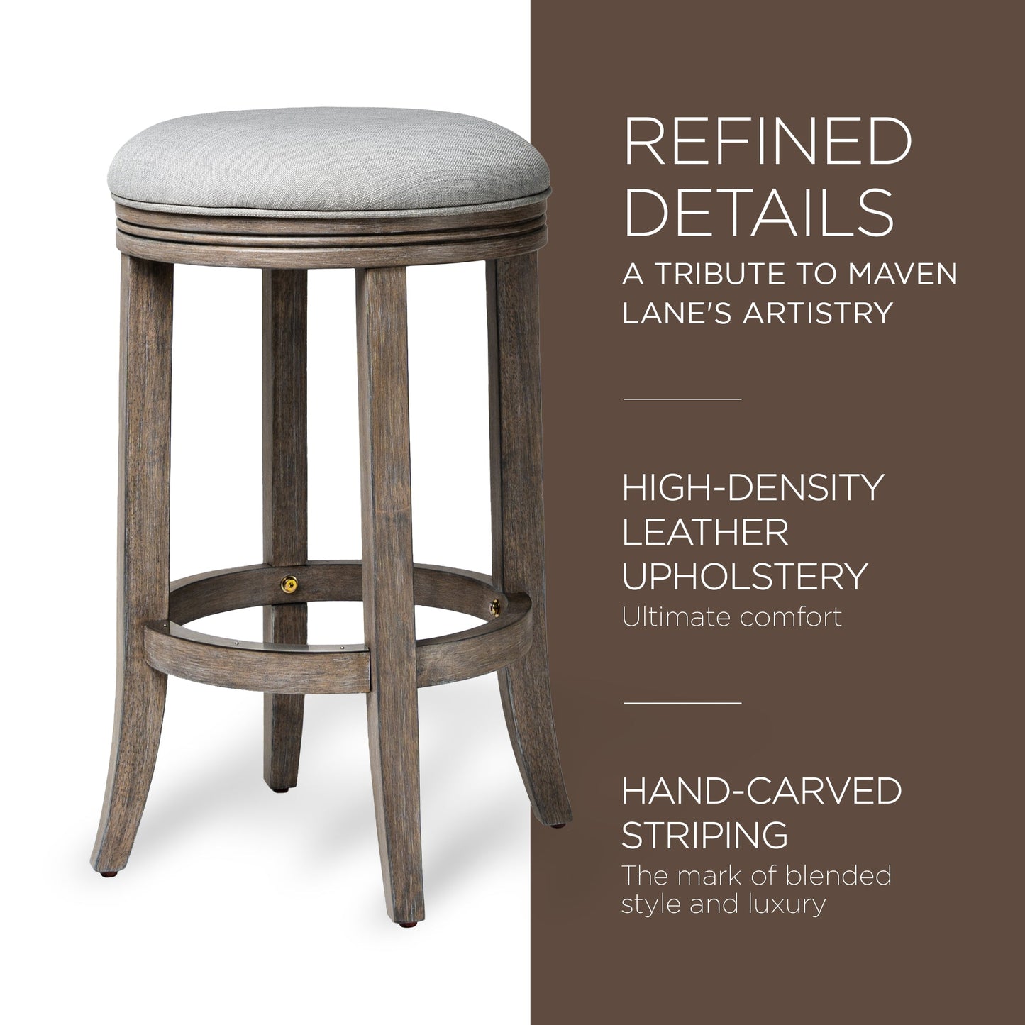 Maven Lane Eva Counter Stool in Reclaimed Oak Finish w/ Ash Grey Fabric Upholstery