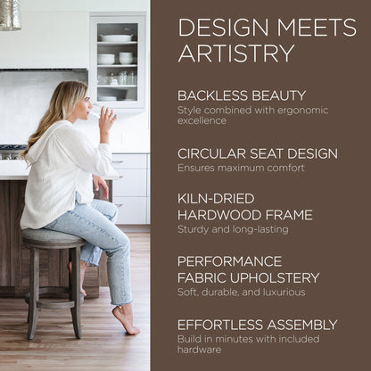 Maven Lane Eva Counter Stool in Reclaimed Oak Finish w/ Ash Grey Fabric Upholstery