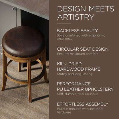 Maven Lane Alexander Backless Counter Stool, Walnut Finish w/ Marksman Saddle Vegan Leather