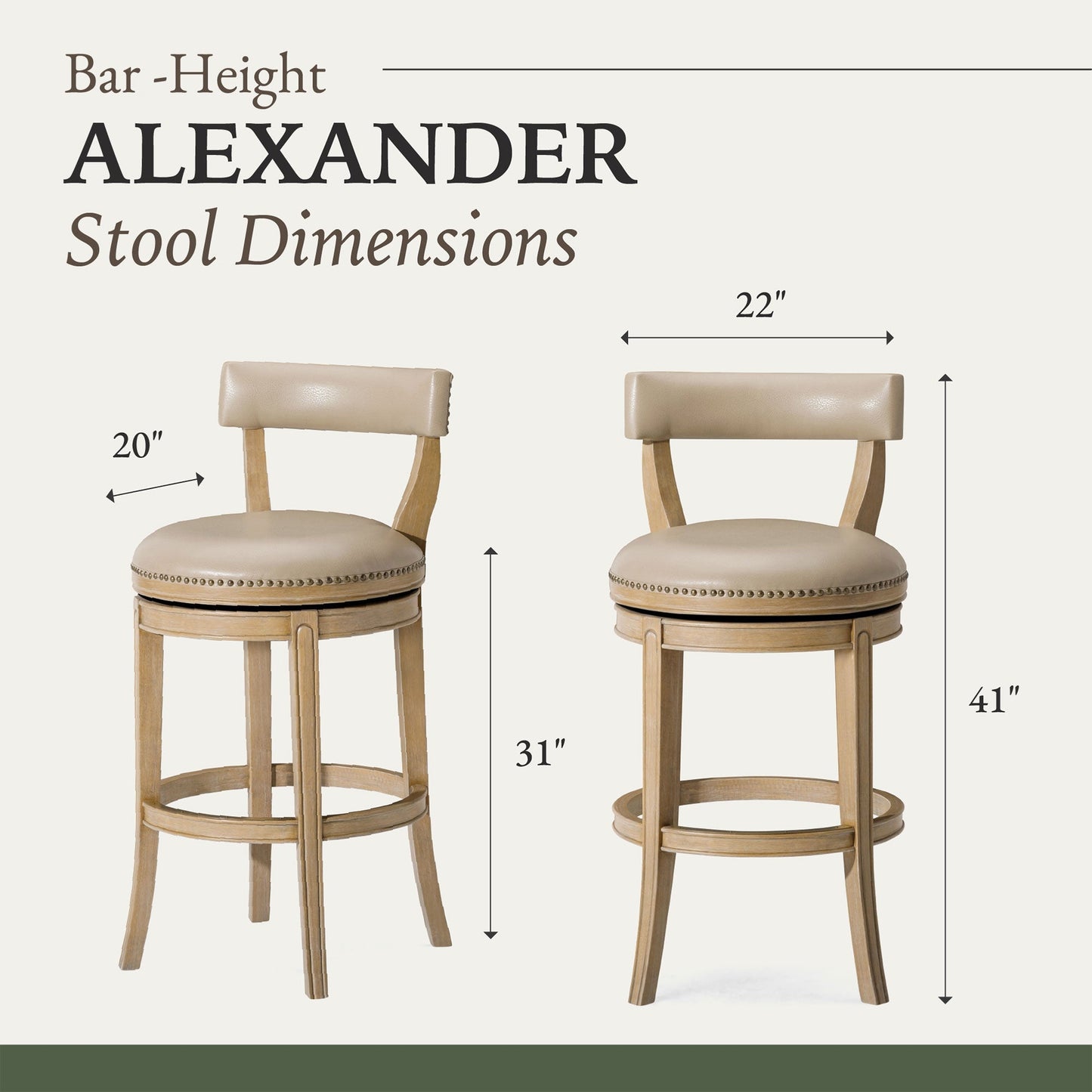 Maven Lane Alexander Bar Stool, Weathered Oak Finish w/ Avanti Bone Vegan Leather