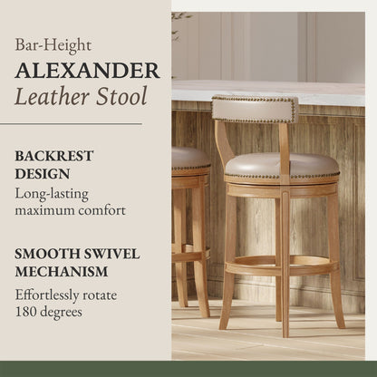 Maven Lane Alexander Bar Stool, Weathered Oak Finish w/ Avanti Bone Vegan Leather