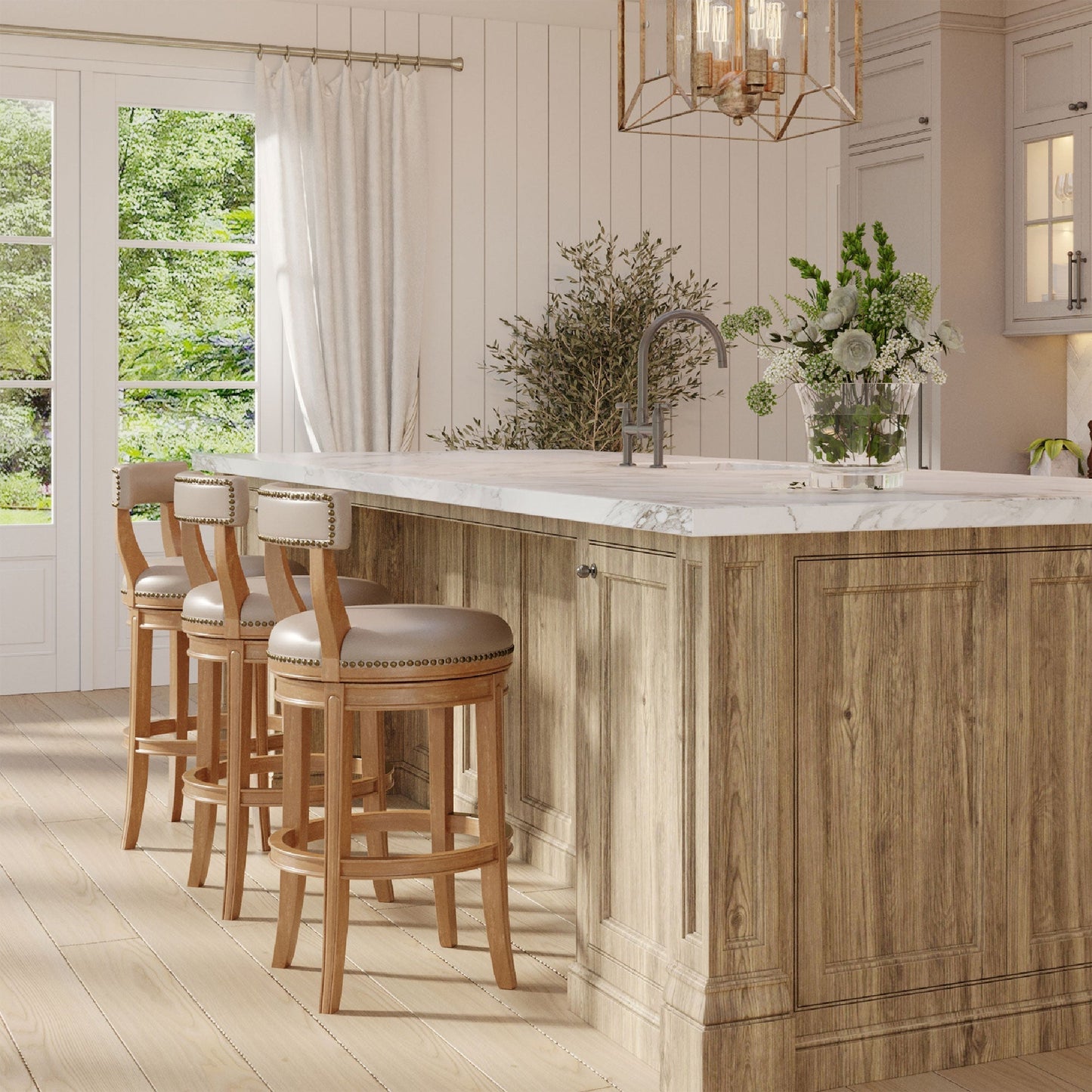 Maven Lane Alexander Bar Stool, Weathered Oak Finish w/ Avanti Bone Vegan Leather