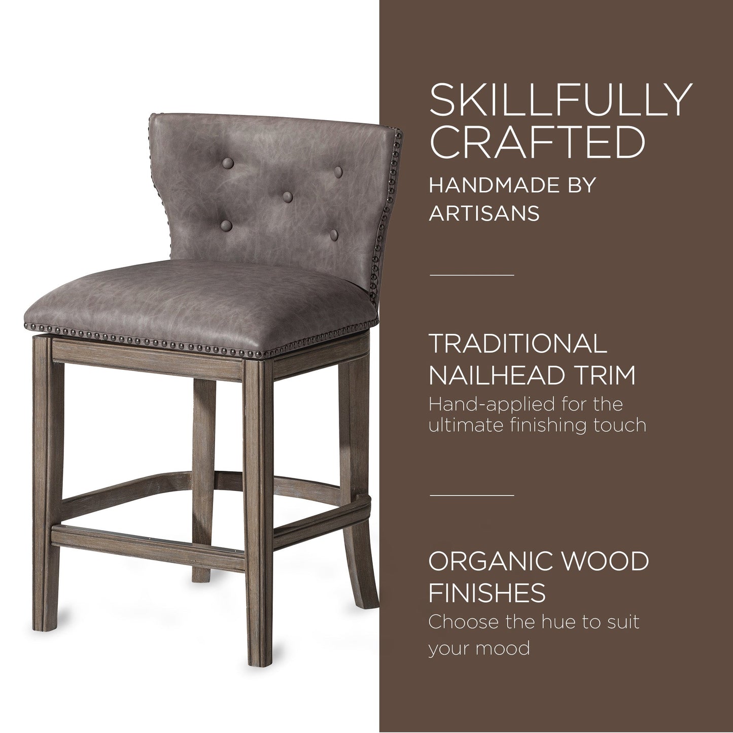 Maven Lane Hugo Counter Stool, Reclaimed Oak Finish w/ Ronan Stone Vegan Leather